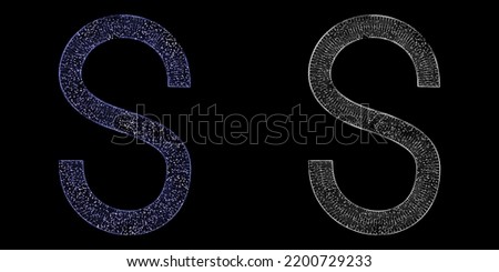 Letter S made of blue hologram on black background with clipping mask, 3d rendering