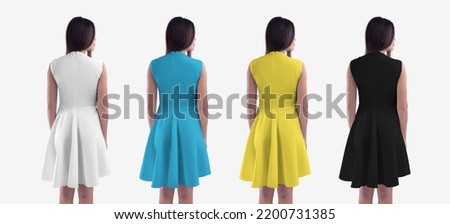 Mockup of a white, black, blue, yellow dress wave on a girl, close-up, high back with a zipper, skirt, isolated on background. Template of fashion summer clothes for women. Sundress set for design Royalty-Free Stock Photo #2200731385