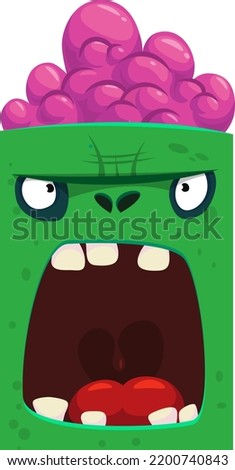 Cartoon angry zombie face avatar. Halloween vector illustration of funny zombie moaning with wide open mouth full of teeth. Great for decoration or package design