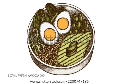 Breakfast hand drawn vector illustrations collection. Colored bowl with avocado.