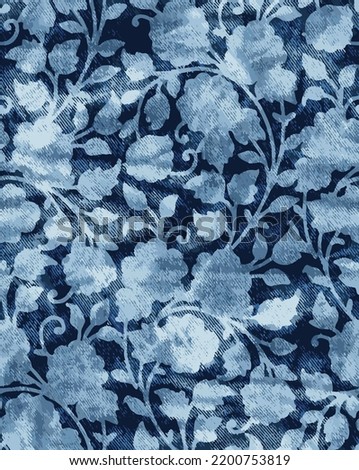 Indigo blue flower print damask dyed linen texture background. Seamless woven repeat batik pattern swatch. Floral organic distressed block print all over textile.  Royalty-Free Stock Photo #2200753819