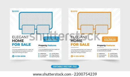 Home selling business social media post vector with blue and yellow colors. Real estate business agency promotional web banner template design. Elegant home for sale template with abstract shapes.