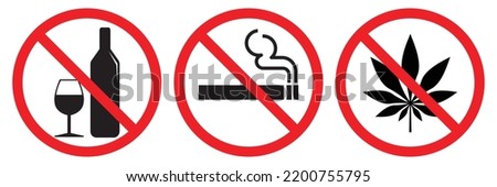 Set of prohibited signs isolated on white symbol background: no alcohol, no smoking, no drugs.vector icon illustration.