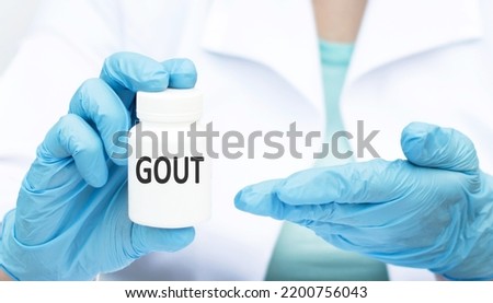 Gout text on the label of a white can in the doctor's hand, a medical concept