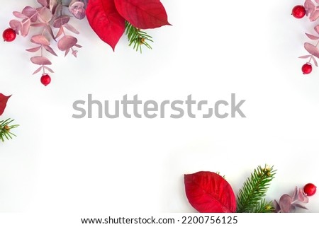 Christmas decoration. Frame of flowers of red poinsettia, branch christmas tree, red berries on white background with space for text. Top view, flat lay Royalty-Free Stock Photo #2200756125