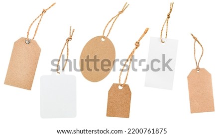collection of six white and brown tags. isolated on white background