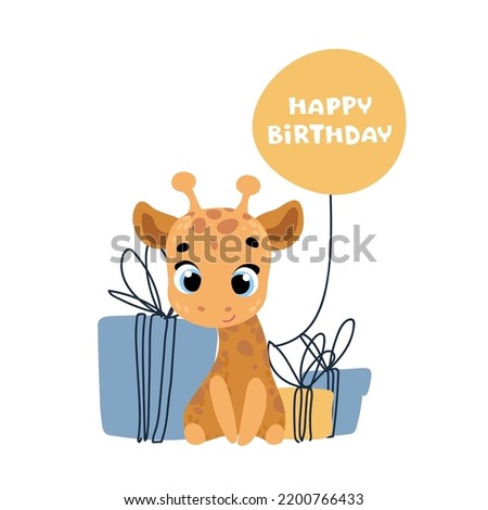 Cute giraffe with gift. Vector print for children room, fabric, paper, greeting card, postcard, card, t shirt, poster, textile. Vector illustration. Happy birthday card. 