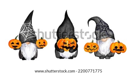 Set of Halloween gnomes with pumpkin lantern, spider and web. Character funny creepy dwarves in black colors. Cute scary cartoon gnomes watercolor clip art