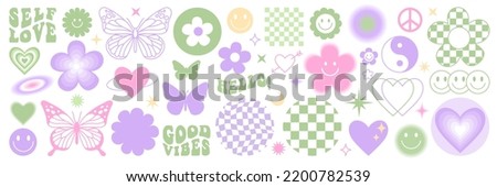 Y2k stickers set. Funny butterfly, daisy, wave, chess, mesh, smile. Set of vector elements in trendy retro trippy 2000s style. Lilac, pink and green color. Selflove, good vibes, hello.