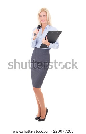 young female journalist with microphone and clipboard isolated on white background