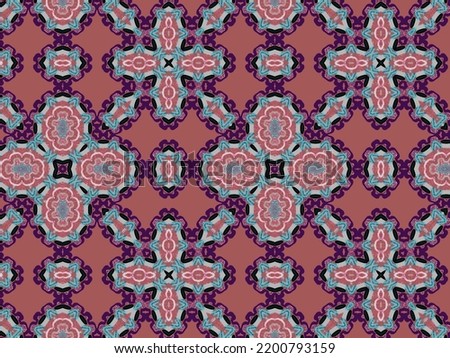 A hand drawing pattern made of turquoise pink grey and black with glitter on a maroon background