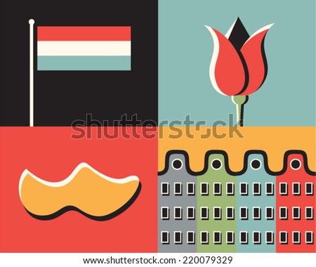 Vector illustration icon set of Netherlands: flag, flower, shoes, house