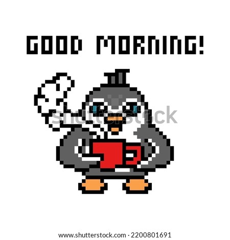 Penguin holding a big red hot steaming tea or coffee mug, pixel art animal character on white background. Old school retro 80's-90's 8 bit slot machine, 2d video game graphics. Good morning print.