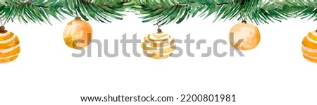Christmas tree with glass yellow balls and ornaments, holiday clip art, watercolor illustration isolated on white background