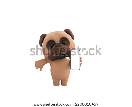 Little Pug character show his phone and give thumb down in 3d rendering.