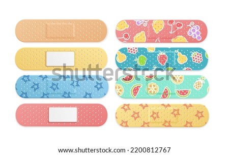 Realistic Detailed 3d Different Kid Aid Band Plaster Medical Patch Color Set. Vector illustration of Adhesive Bandage Royalty-Free Stock Photo #2200812767