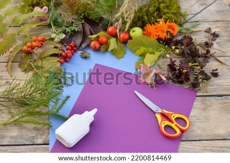 step by step instructions of Autumnal application umbrella with natural leaves. Step 1 - preparation tools, paper, scissors, glue,natural materials of the autumn season.