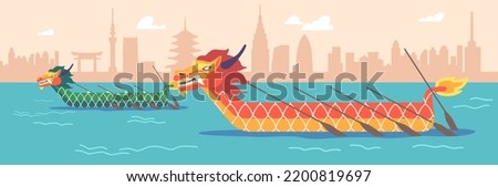Dragon Boats with Paddles Sian Traditional Canoe on Water Pond, Canoeing, Rafting, Boating or Kayaking Sports and Activities. Boats in River or Lake for Rowing Competition. Cartoon Vector illustration