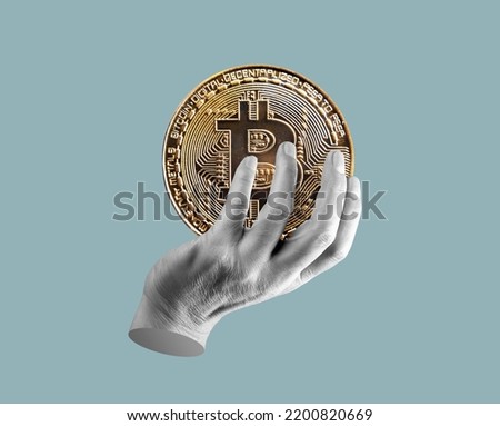 Hand holding bitcoin coin. Crypto currency, digital money, finance concept. Contemporary art collage. High quality photo