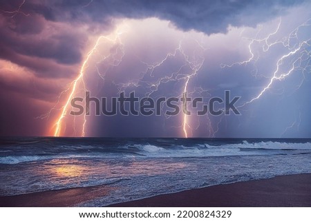 Tropical storm with powerful and dangerous lightning strikes in the cloudy sky and stormy ocean. Natural disasters caused by the climate change. 3D illustration and digital painting. Royalty-Free Stock Photo #2200824329