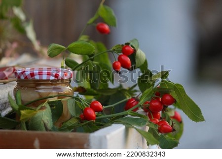 In the picture you can see filled mason jar and a rosehip branch. The main colors are green and red. The glasses have been artfully placed. The subject of the picture is the coming autumn.