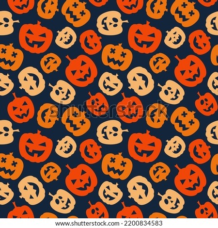 Vector seamless pattern for Halloween with orange smiling spooky pumpkins on dark blue background. Holiday backdrop for wrapping paper, fabric, textile, scrapbook.