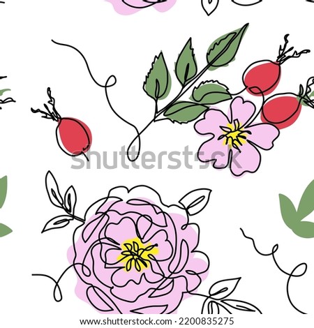 Rosehip, dog rose, briar, rosa canina, wild rose vector seamless pattern. One continuous line art drawing of flowers and berries, rosehip pattern. Royalty-Free Stock Photo #2200835275