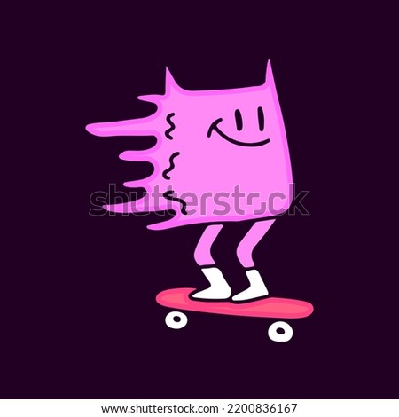 Trippy cat character riding skateboard cartoon, illustration for t-shirt, sticker, or apparel merchandise. With modern pop style.