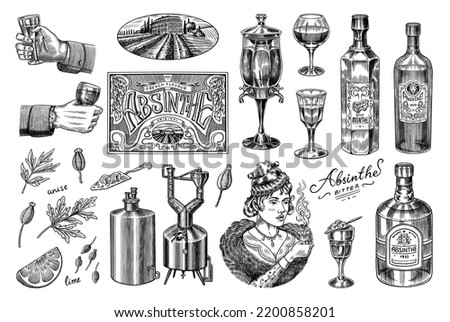 Bottle of Absinthe Glass shot. Woman holding a toast drink. Pot Swan necked copper stills distillery for making alcohol. Label for retro poster. Engraved hand drawn vintage sketch. Woodcut style Royalty-Free Stock Photo #2200858201