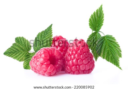 Fresh raspberry with green leaf on white background 