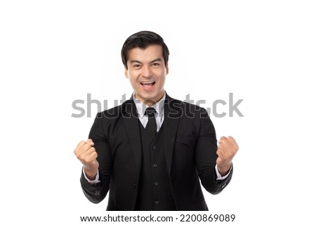 portrait of a confident business man in black suit and smile, expression face isolated on white background. Portrait businessman success concept.