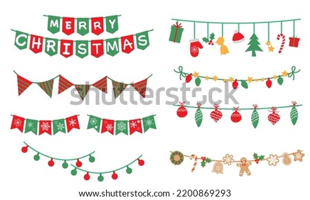 Set of Christmas and winter holiday decoration garland. Christmas decoration elements collection. Merry Christmas message, ornaments, flag, cookies, bell, tree and illumination icons.
