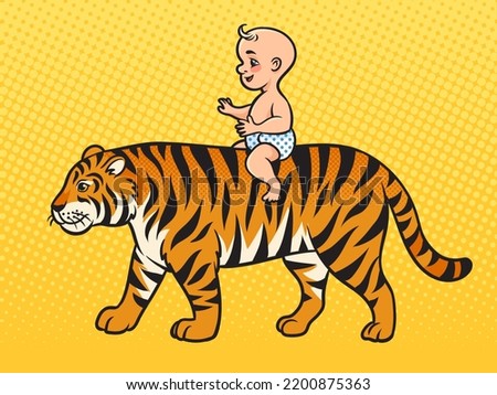 baby child riding tiger pinup pop art retro vector illustration. Comic book style imitation.