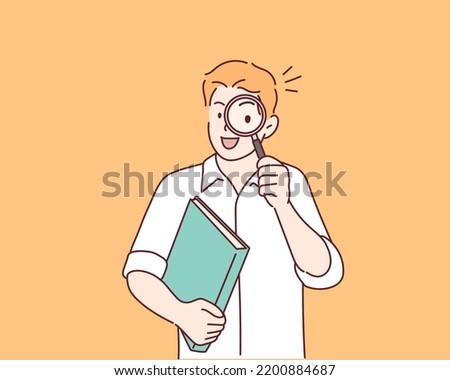 man holding a book and a magnifying glass. Hand drawn style vector design illustrations.