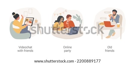 Online friends meeting isolated cartoon vector illustration set. Online communication, talking with friends on video, using laptop, virtual pizza party, calling old friend, say hi vector cartoon.