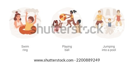 Backyard pool isolated cartoon vector illustration set. Child in a colorful swim ring, backyard summer fun, kids playing ball in inflatable swimming pool, jumping and making splash vector cartoon.