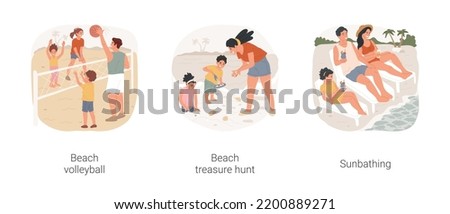 Enjoy the beach isolated cartoon vector illustration set. Beach volleyball tournament, play together, seaside treasure hunt, collect shells and rocks, family members sunbathing vector cartoon.