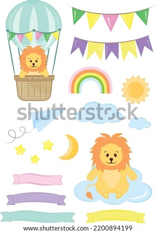 A little lion cub is flying in a hot air balloon. Picture for a nursery, postcard, poster. Can be used for children's party invitation, print on clothes.