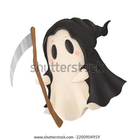 Cute ghost in death costume, halloween party clip art, isolated on white background, suitable for prints, postcards, stickers, patterns, website elements