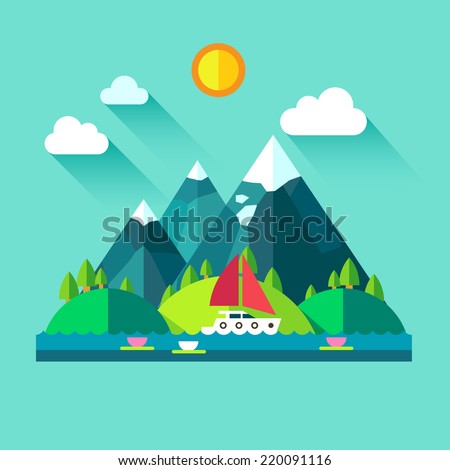 Color flat illustration summer time: village, mountain, sun, clouds, trees nature, river, pond, sea, boat, sail, fishing, walking, fresh air.