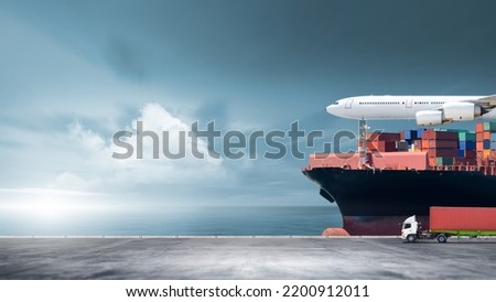 Containers cargo logistics import export transport concept, Big ship in the ocean, Container truck and plane at sunset dramatic sky background with copy space, Nautical vessel and sea freight shipping Royalty-Free Stock Photo #2200912011