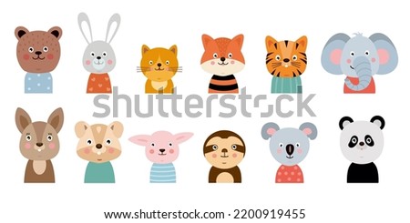 Cute baby animal face, kid zoo and wildlife, characters. Elephant, cat and koala heads, nursery wall art, birthday friend posters, child cards. Vector cartoon flat illustration set