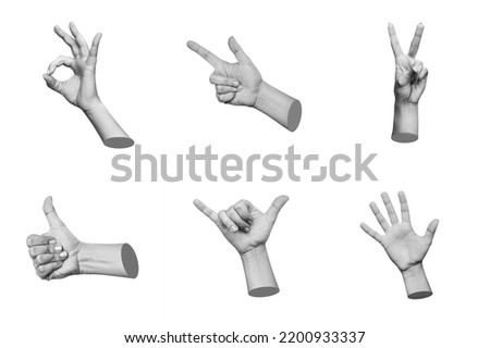 Trendy 3d collage of female hands showing gestures such as peace, thumb up, the ok, shaka, point to object, greeting isolated on white background. Contemporary art in magazine style. Modern design Royalty-Free Stock Photo #2200933337