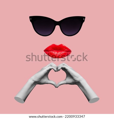 Female hands showing heart shape and lips with glossy red lipstick sending kiss and sunglasses isolated on pink color background. Trendy collage in magazine urban style. Contemporary art.Modern design