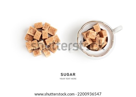 Brown sugar cubes in vintage bowl set isolated on white background. Creative layout. Food and healthy eating concept. Flat lay, top view. Design element
 Royalty-Free Stock Photo #2200936547