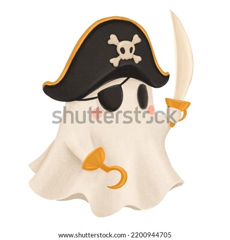 Funny ghost in pirate costume, with sword, halloween party clip art, isolated on white background, suitable for prints, postcards, patterns, stickers, website elements
