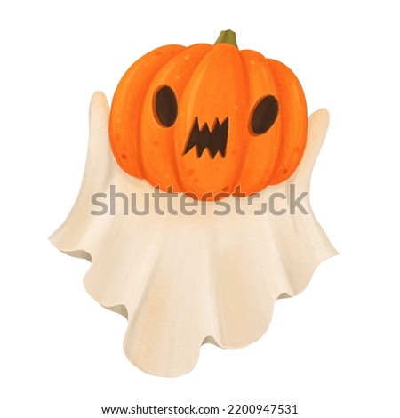 Funny ghost, pumpkin hat, halloween party clip art, isolated on white background, suitable for prints, postcards, stickers, patterns, website elements