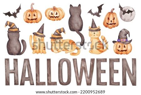 Cute Halloween clip art with cats, pumpkins, flags, balloons, bat, moon, ghost, lettering. Isolated on white background. Happy Halloween card designs. Halloween hand drawn watercolor font