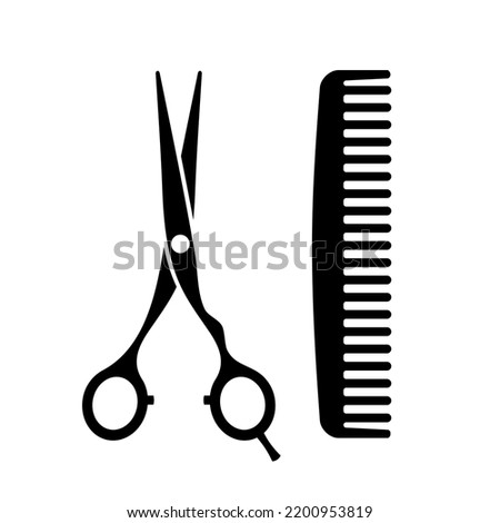 comb and scissors black silhouette, simple vector hair dresser icons, barber logo isolated on white background Royalty-Free Stock Photo #2200953819