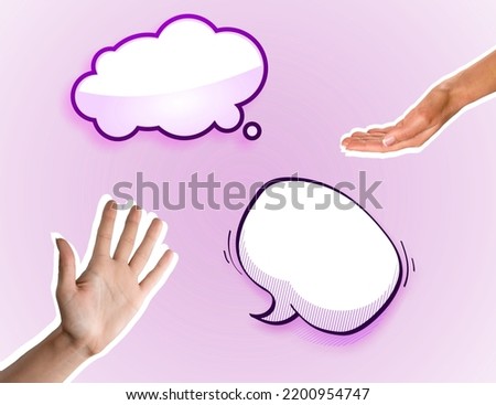 Two arms and communication bubble on color background